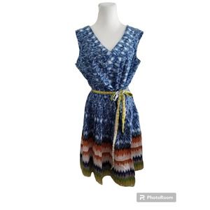 Amanda Lane Womens Dress Sz 12 Double V Neck Fit Flare Tribal Cultural Geometric